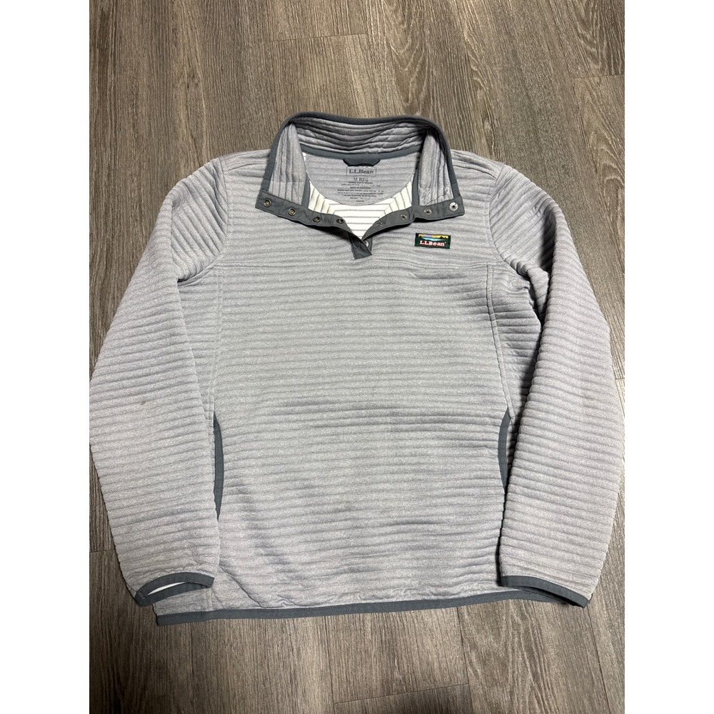 LL Bean Womens Quilted Snap Neck Pullover Sweatshirt Gray 506483 Size M